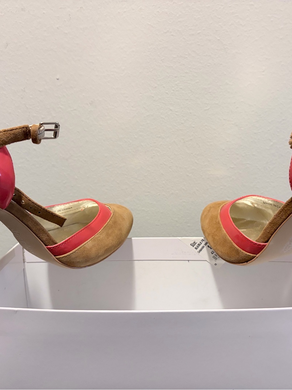 Charles David Tan Suede Heels with Coral Accent Ankle Strap